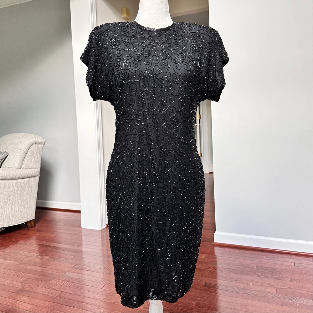 Vintage Y2K 2000s Stenay 100% Silk Black Cocktail Dress Beaded Embellished
